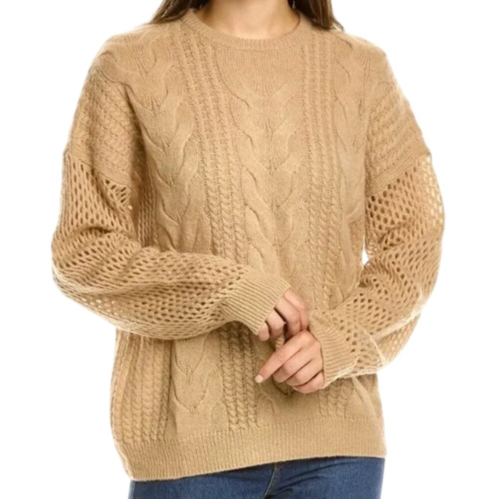 Naadam Open Cable Merino Wool Cashmere Crewneck Pullover sweater XL camel tan
